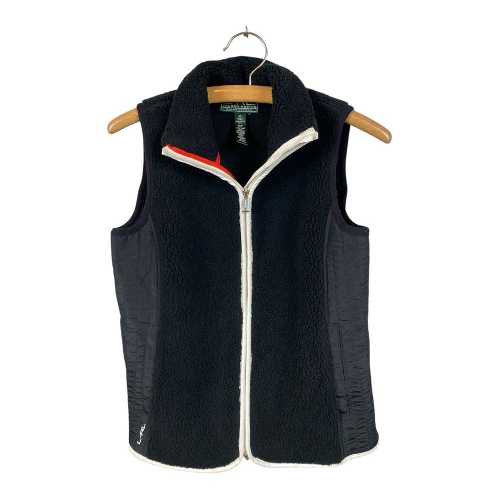 L-RL Ralph Active Wear Black Fleece Vest Pockets Preppy Colleg Core Comfy Warm
